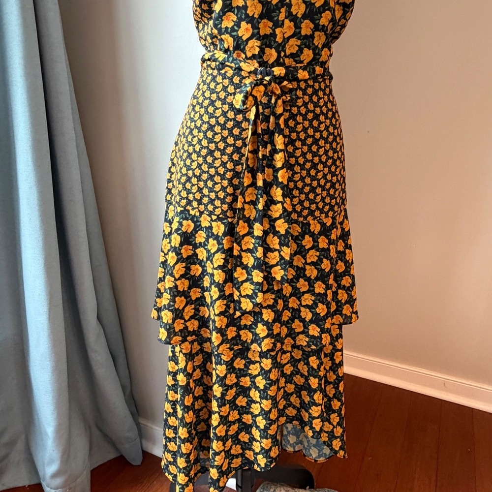 Sam Edelman Tiered Midi Dress Women 8 Black Yellow Floral Ruffle High-Low - Picture 4 of 16